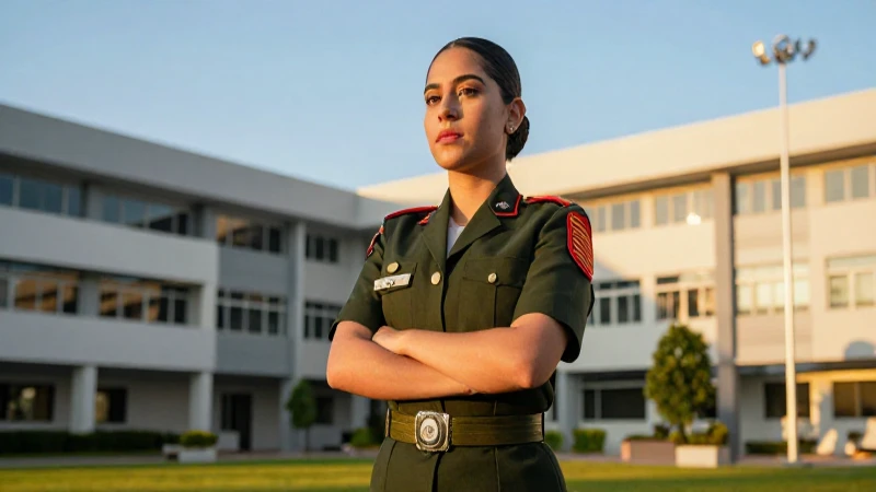 Mujer mexicana decidida en academia militar al atardecer