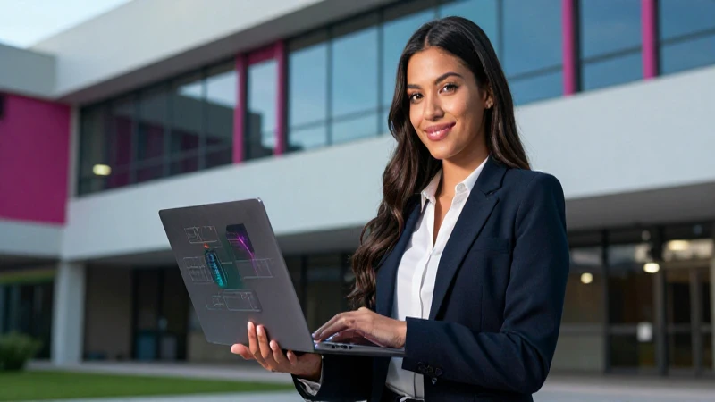 Joven mexicana profesional en campus moderno