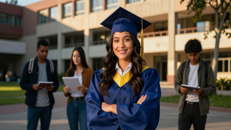 Joven mexicana exitosa en campus moderno