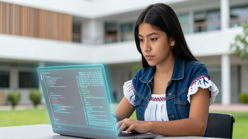 Estudiante mexicano en campus, holograma y código