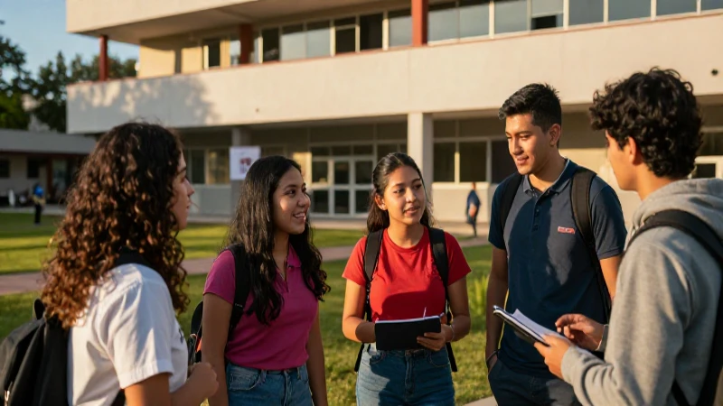 Estudiantes mexicanos colaborando con energía académica vibrante
