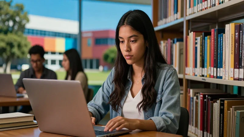 Estudiante mexicano posgrado en biblioteca moderna