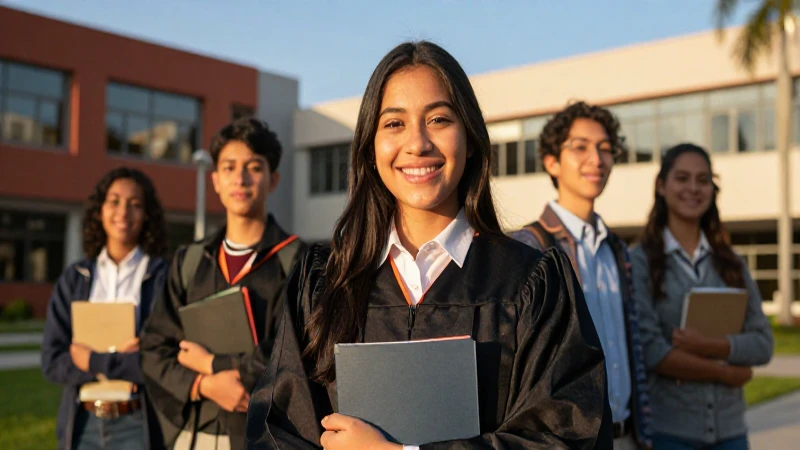 Estudiante sonriente en campus vibrante al atardecer
