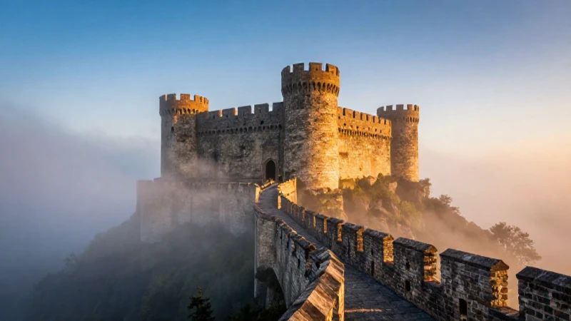 Castillo antiguo y místico bajo luz dorada