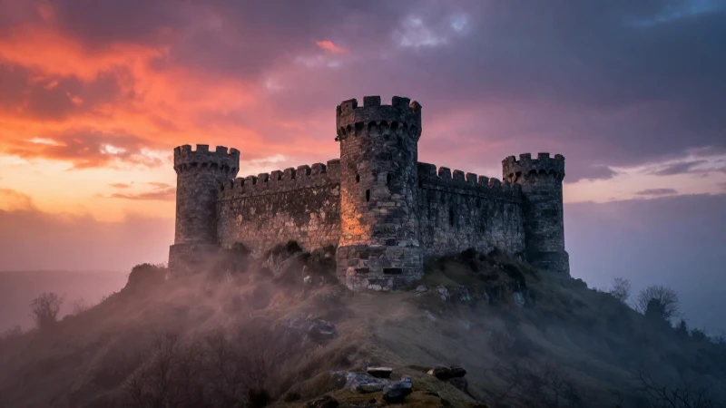 Castillo antiguo en colina con niebla y luz dramática