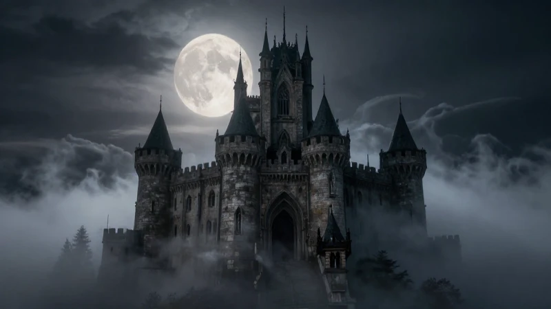 Castillo majestuoso en niebla oscura y misteriosa