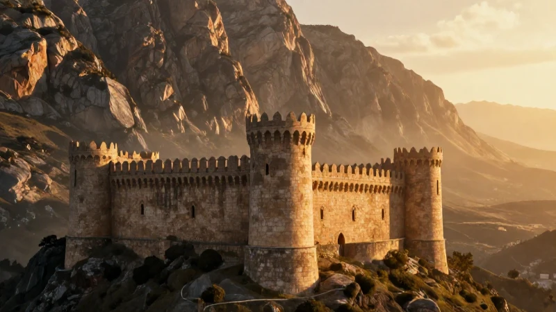 Fortaleza épica de Nueva Apolonia al atardecer