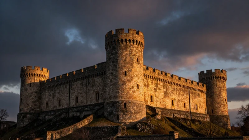 Castillo antiguo al atardecer con vistas épicas