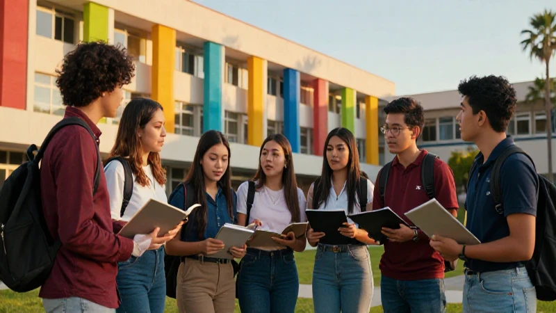 Estudiantes mexicanos colaborando en campus moderno