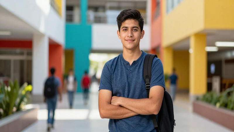 Joven mexicano en campus universitario moderno
