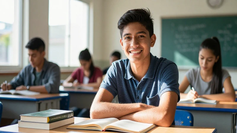 Estudiante mexicano sonriente en aula moderna con luz