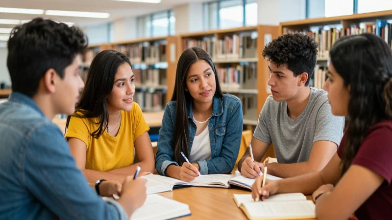 Estudiantes mexicanos colaborando en una biblioteca moderna