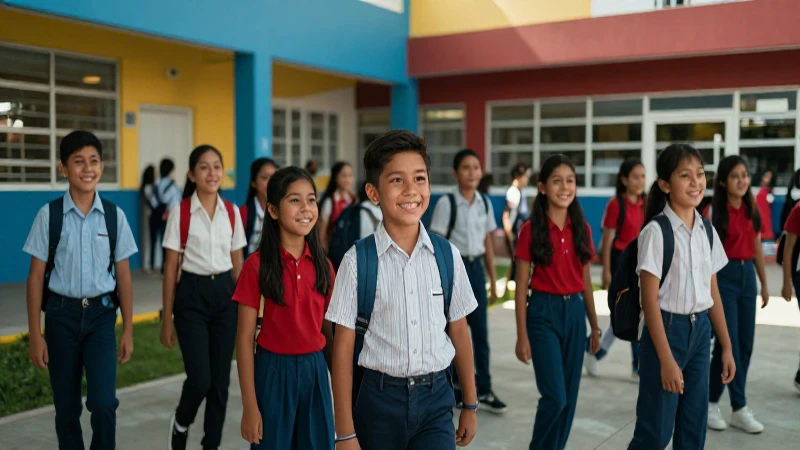 Estudiantes mexicanos felices en escuela moderna