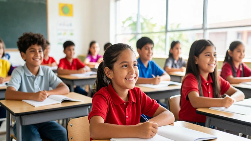 Niños mexicanos sonriendo en aula moderna