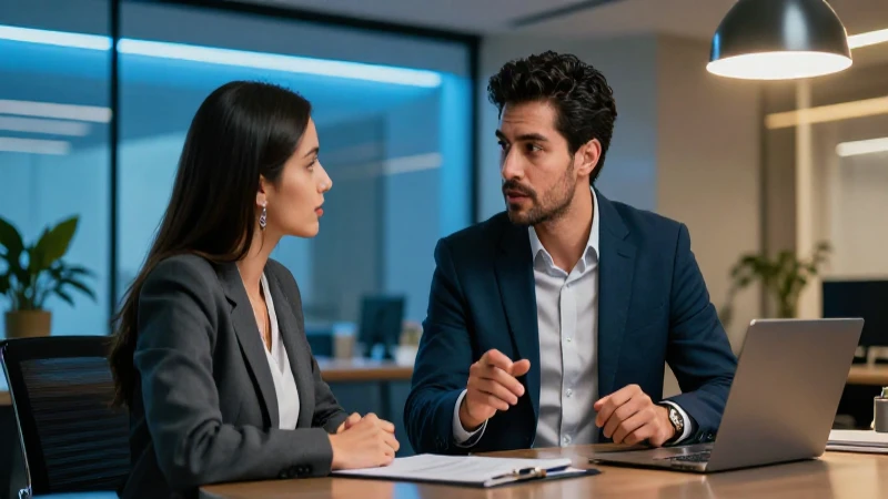 Discusión profesional en oficina moderna y dramática