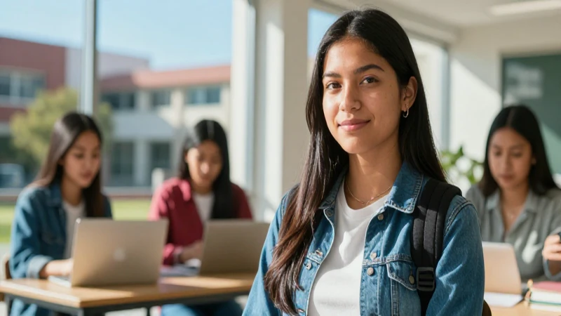 Estudiante mexicano diverso en campus moderno iluminado