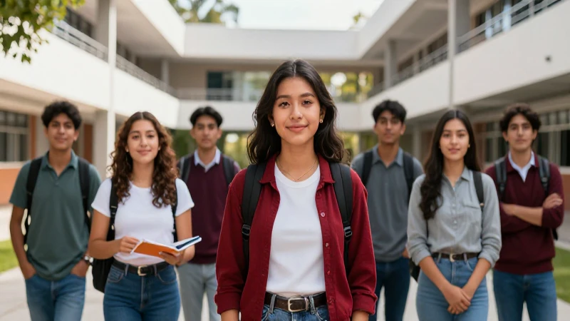 Estudiantes mexicanos orgullosos en campus moderno