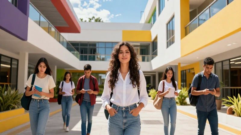 Estudiantes mexicanos en campus moderno y vibrante
