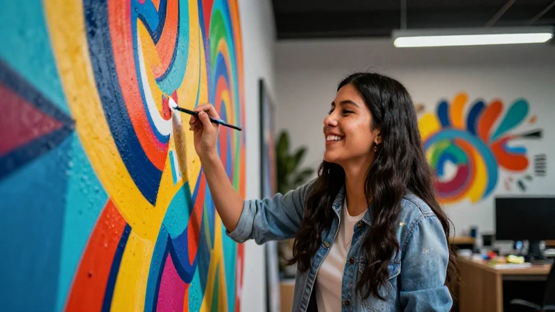Estudiante mexicano pinta mural vibrante con estilo dinámico