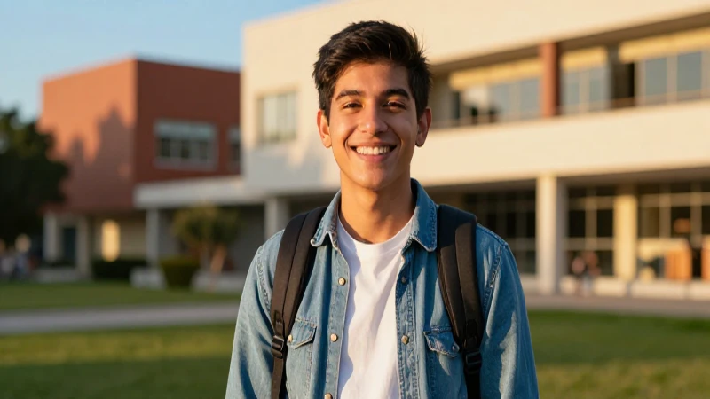 Estudiante mexicano sonriente en campus moderno