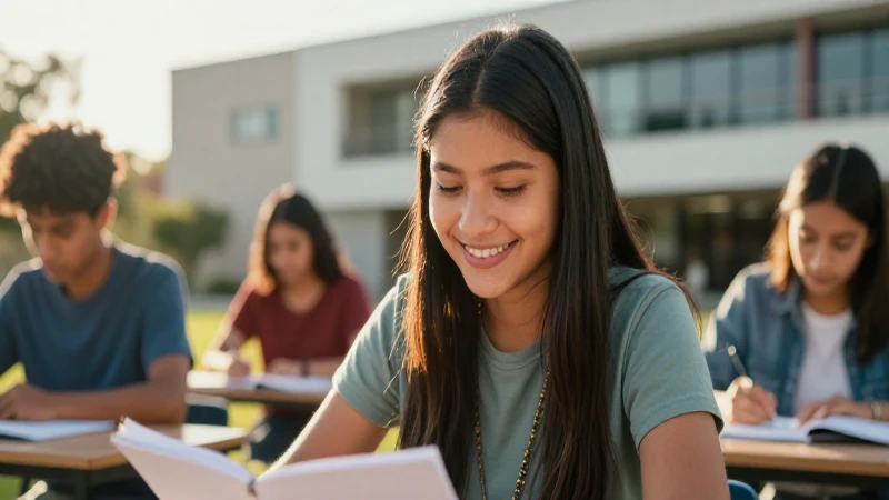 Estudiante mexicano sonríe estudiando en campus brillante