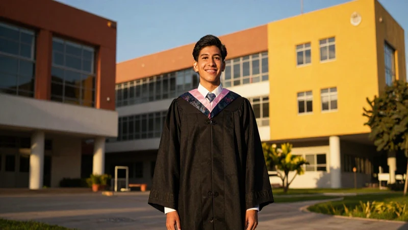 Estudiante mexicano triunfante en campus universitario