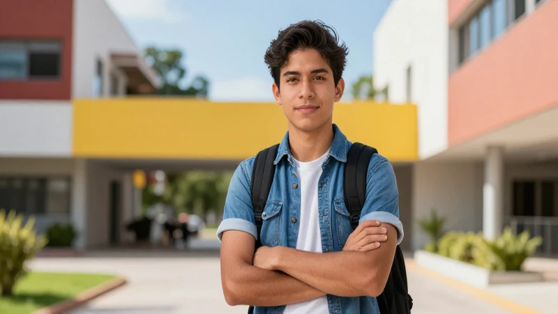 Estudiante mexicano, campus moderno, iluminación cinemática y vibrante