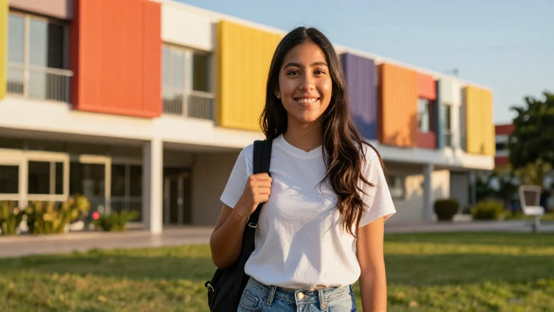 Estudiante mexicano en campus moderno y vibrante