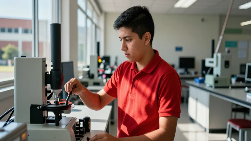 Retrato de estudiante mexicano en laboratorio técnico