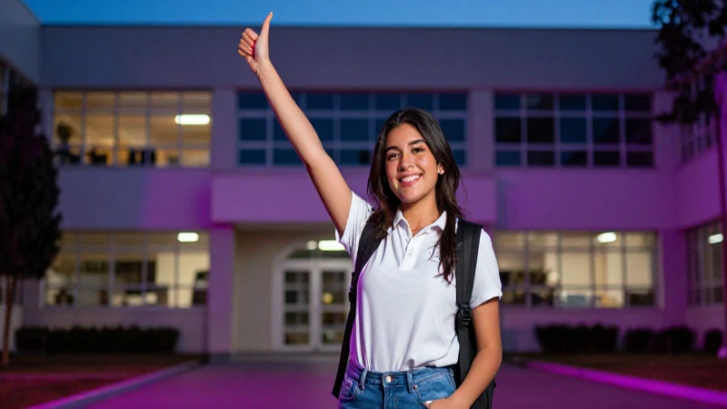 Estudiante mexicano exitoso en campus universitario moderno