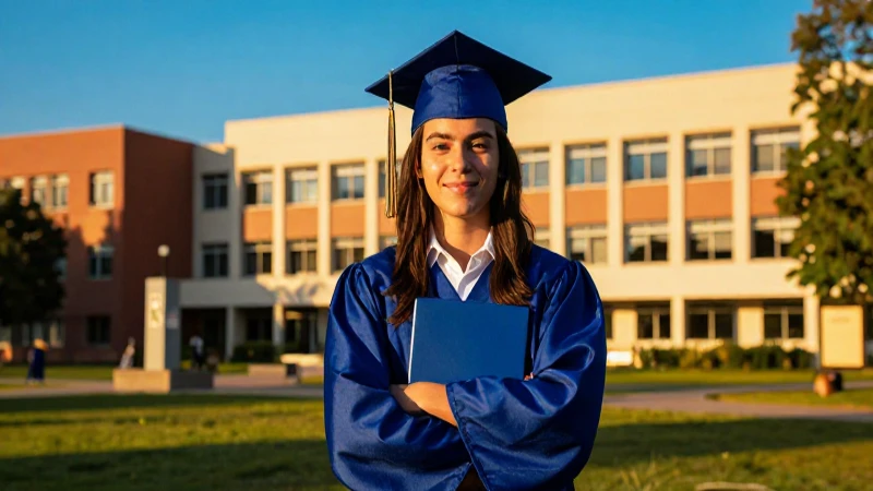 Graduado mexicano radiante en campus moderno al atardecer