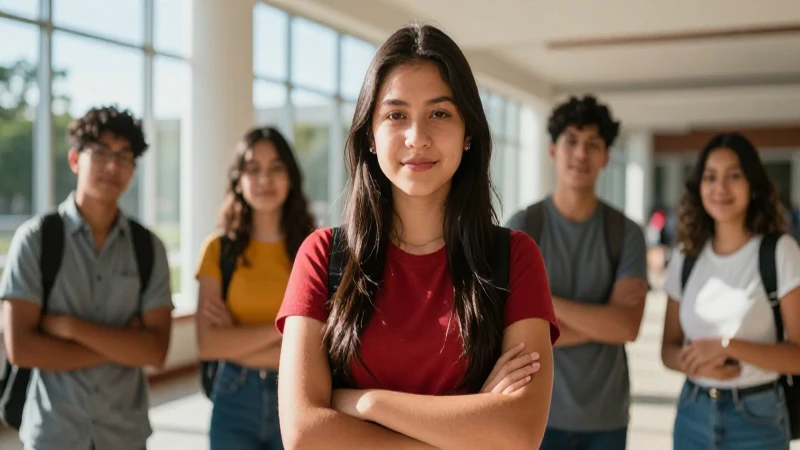 Estudiante mexicano confiado en campus moderno