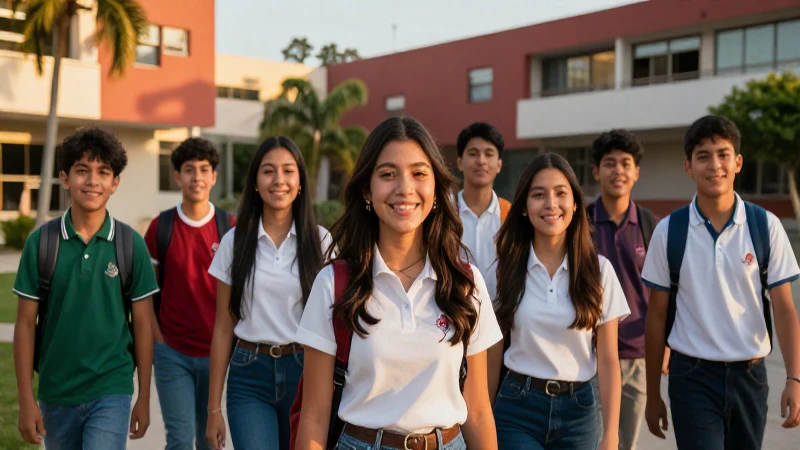 Estudiantes mexicanos triunfantes al atardecer