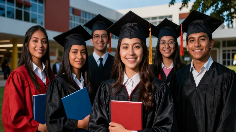 Graduados mexicanos sonriendo en campus moderno