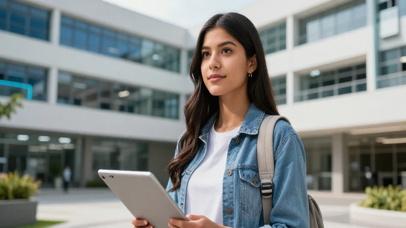 Estudiante mexicano exitoso en campus moderno