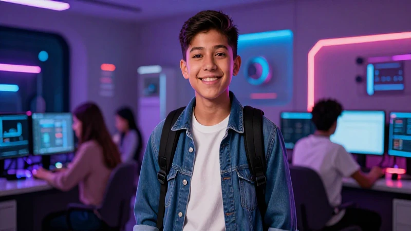 Joven mexicana sonriente en un futuro tecnológico