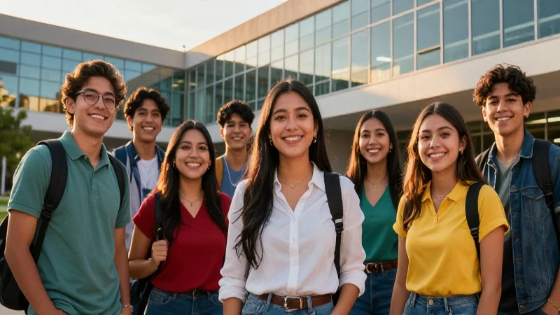 Estudiantes mexicanos sonrientes en un campus moderno