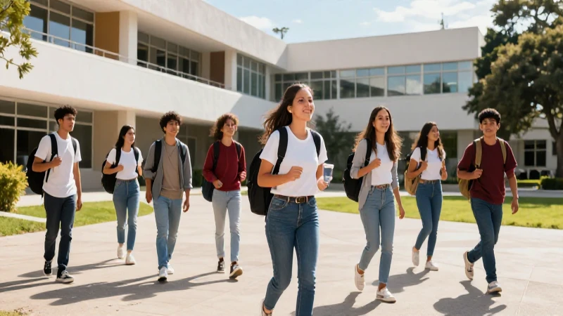 Estudiantes mexicanos en campus moderno y vibrante