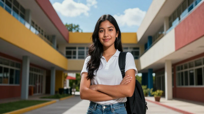 Estudiante mexicano confiado en campus moderno