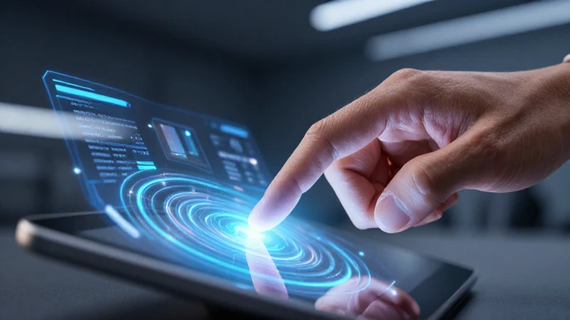 Mano interactúa con interfaz holográfica futurista