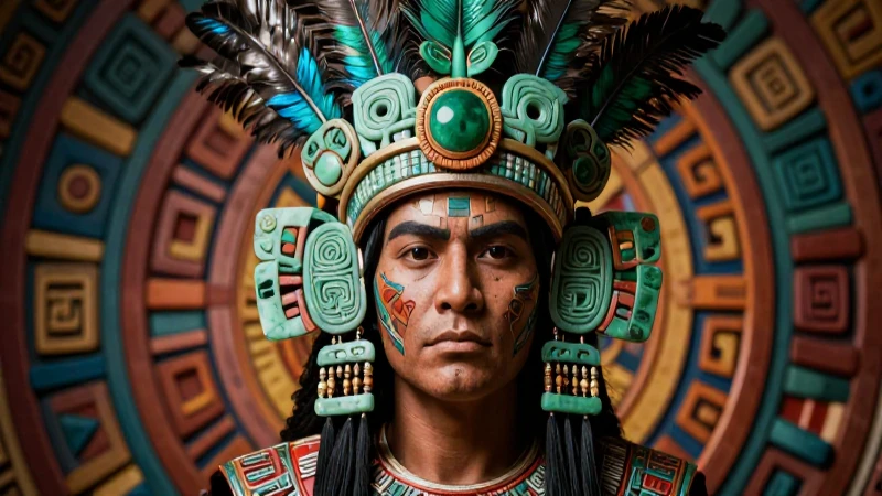 Retrato azteca estilizado con cosmología vibrante