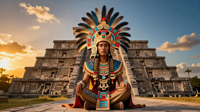 Sabio azteca medita entre ruinas doradas