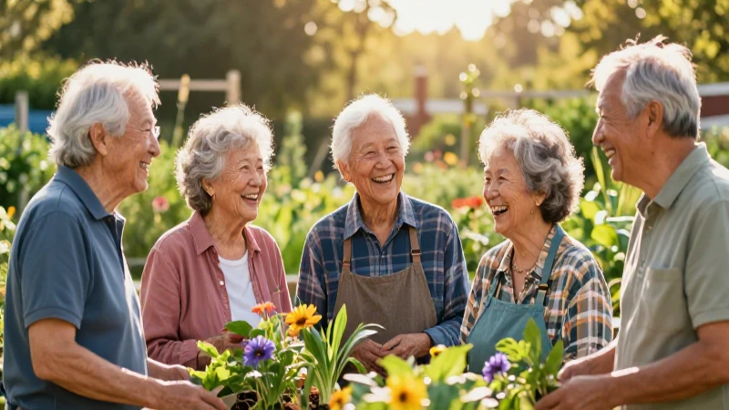 Ancianos felices en vibrante jardín soleado