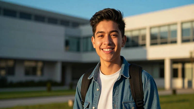 Estudiante mexicano sonríe en campus moderno