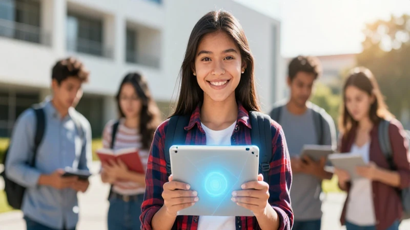 Estudiante mexicano sonriente con tablet futurista