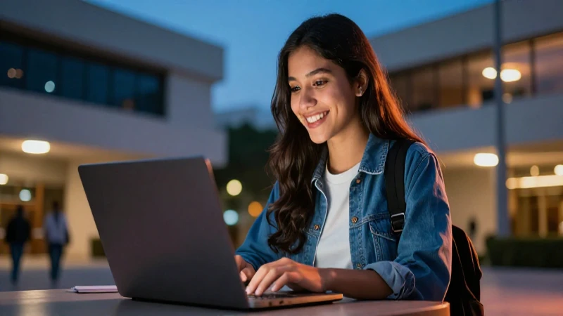 Estudiante sonriente en campus moderno y progresista