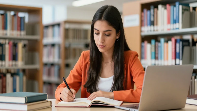 Estudiante mexicana concentrada en biblioteca moderna