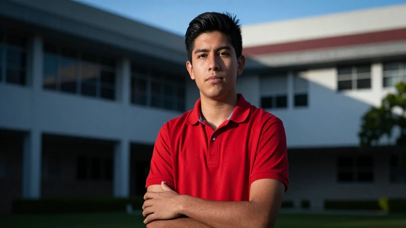 Estudiante mexicano decidido en campus moderno