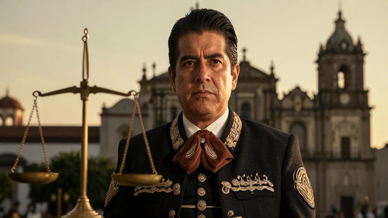 Figura formal mexicana bajo luz dorada con simbolismo legal