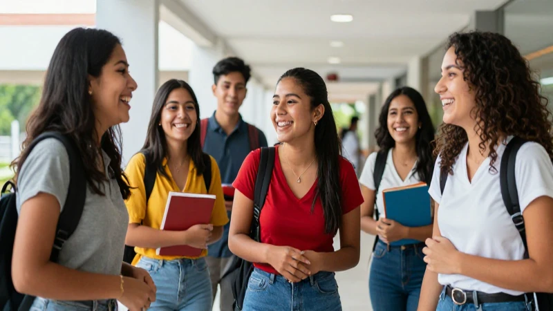 Estudiantes mexicanos celebrando éxito en campus moderno